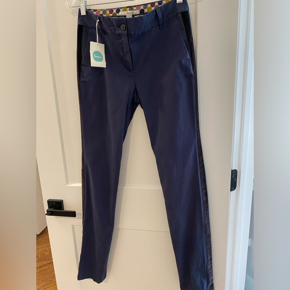 Boden Side Velvet Stripe Pants Size 4L Navy Blue w/Black Velvet Stripe, WM351